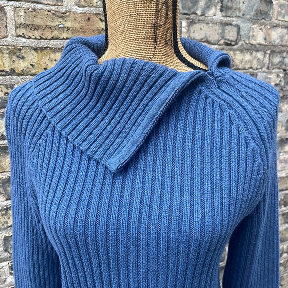 Carole Little Chunky Knit Cotton Sweater Ribbed Blue Side Zip Size Large - Picture 2 of 12